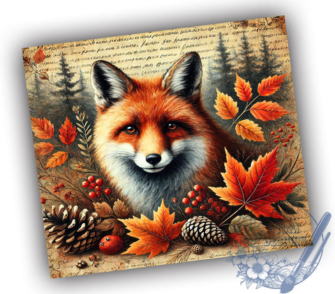 Vintage Autumn Fox 20oz Tumbler Wrap, Junk Journal Tumbler, Sublimation Tumbler, Autumn Tumbler, Cute Fox Design, Personalized Tumbler Sublimation ToriDesigns 