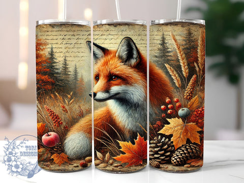 Vintage Autumn Fox 20oz Tumbler Wrap, Junk Journal Tumbler, Sublimation Tumbler, Autumn Tumbler, Cute Fox Design, Personalized Tumbler Sublimation ToriDesigns 