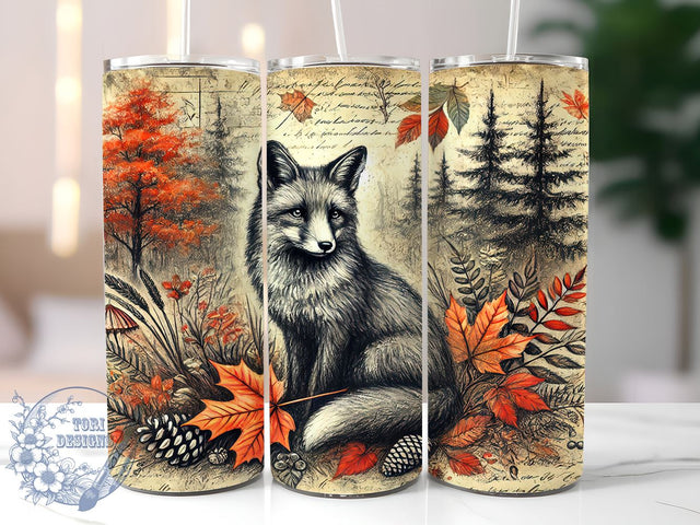 Vintage Autumn Fox 20oz Tumbler Wrap, Junk Journal Tumbler, Sublimation Tumbler, Autumn Tumbler, Cute Fox Design, Personalized Tumbler Sublimation ToriDesigns 