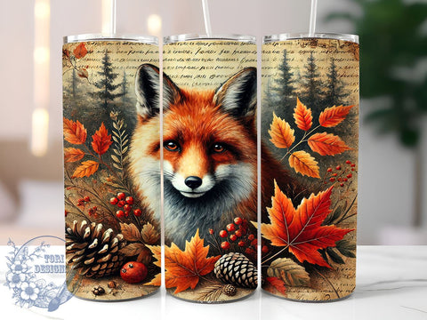 Vintage Autumn Fox 20oz Tumbler Wrap, Junk Journal Tumbler, Sublimation Tumbler, Autumn Tumbler, Cute Fox Design, Personalized Tumbler Sublimation ToriDesigns 