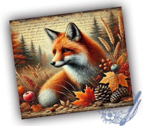 Vintage Autumn Fox 20oz Tumbler Wrap, Junk Journal Tumbler, Sublimation Tumbler, Autumn Tumbler, Cute Fox Design, Personalized Tumbler Sublimation ToriDesigns 