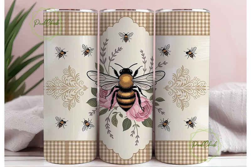 Vintage Bee Floral 20oz Tumbler Wrap Sublimation PixelChick 