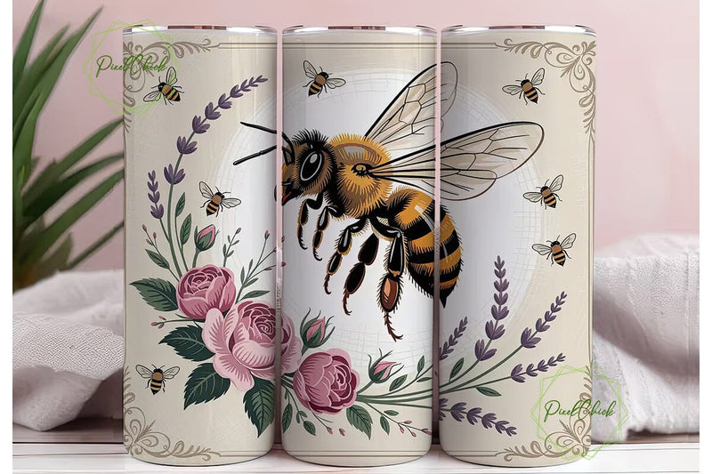 Vintage Bee Floral 20oz Tumbler Wrap Sublimation PixelChick 