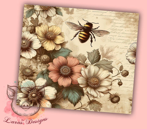Vintage Bee Tumbler Design, Honeybee Sublimation Wrap, 20oz Drinkware, Bee Lover Gift, Floral Bee Art, Rustic Tumbler Design, Digital Download Sublimation Lara' s Designs 