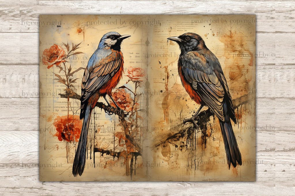 Vintage Birds Junk Journal Pages | Digital Collage Sheet - So Fontsy