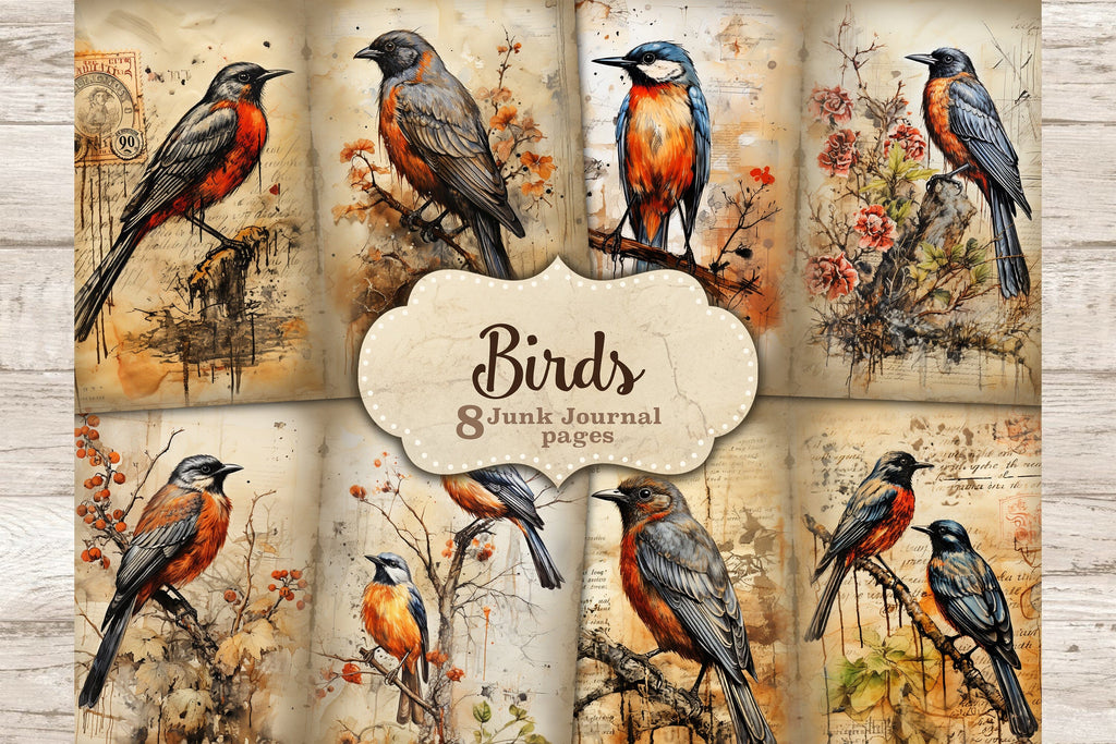 Vintage Birds Junk Journal Pages | Digital Collage Sheet - So Fontsy