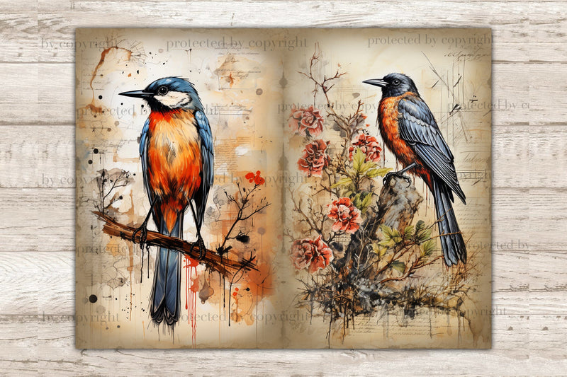 Vintage Birds Junk Journal Pages | Digital Collage Sheet - So Fontsy