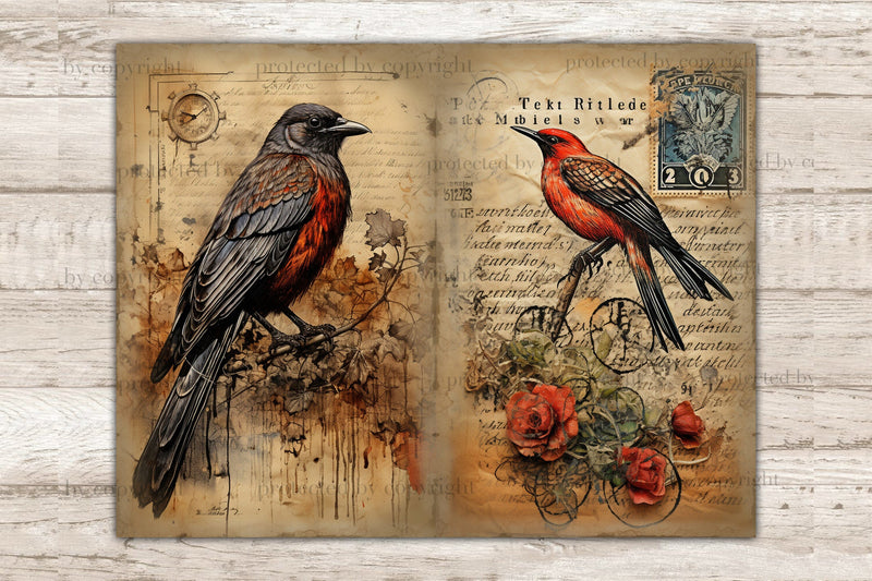 Vintage Birds Junk Journal Pages | Digital Collage Sheet - So Fontsy