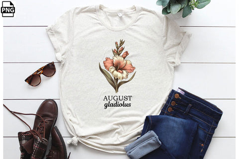 Vintage Birth Flower August Gladiolus Clipart Printable File Sublimation Creativedesigntee 
