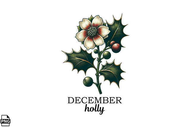 Vintage Birth Flower December Holly Clipart Printable File Sublimation Creativedesigntee 