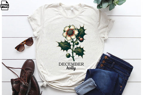 Vintage Birth Flower December Holly Clipart Printable File Sublimation Creativedesigntee 