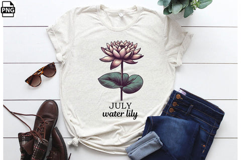 Vintage Birth Flower July Water Lily Clipart Printable File Sublimation Creativedesigntee 