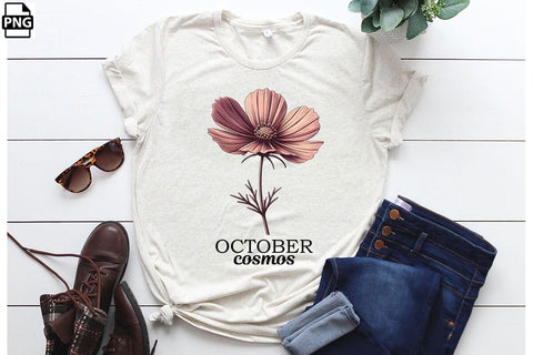 Vintage Birth Flower October Cosmos Clipart Printable File Sublimation Creativedesigntee 