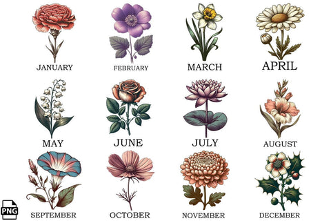 Vintage Birth Month Flower Clipart Bundle Printable File Sublimation Creativedesigntee 