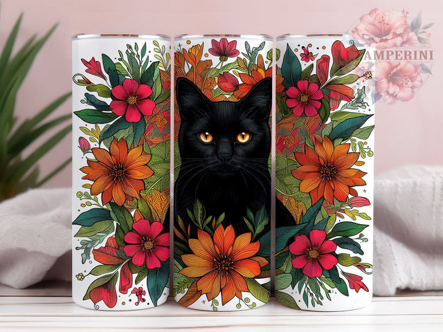 Vintage Black Cat Flower 20oz Tumbler Wrap PNG, Cat Lovers Tumbler Png, Straight & Tapered Tumbler Wrap, Instant Digital Download Sublimation Li Zamperini 