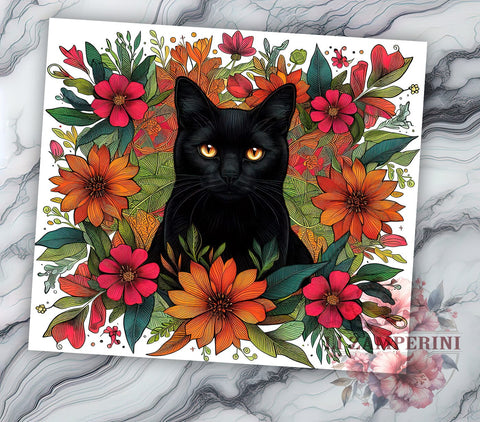 Vintage Black Cat Flower 20oz Tumbler Wrap PNG, Cat Lovers Tumbler Png, Straight & Tapered Tumbler Wrap, Instant Digital Download Sublimation Li Zamperini 