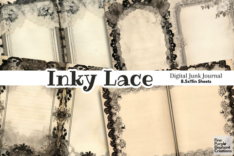 Vintage Black Lace Paper | Junk Journal Pages Digital Pattern Fine Purple Elephant Creations 