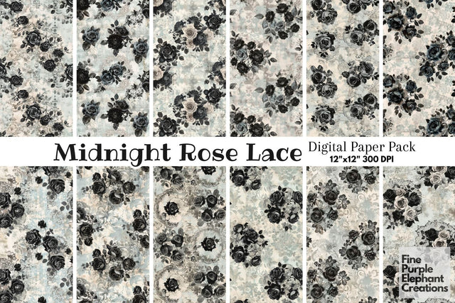 Vintage Black Rose Lace Digital Paper | Gothic Romantic Sublimation Digital Pattern Fine Purple Elephant Creations 