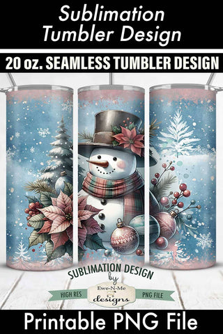 Vintage Blue and Pink Christmas Snowman SEAMLESS 20 oz. Tumbler Design Sublimation Ewe-N-Me Designs 