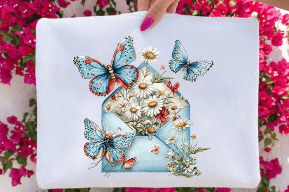 Vintage Blue Butterfly & Daisy Floral Envelope PNG Clipart Sublimation SVGArt 