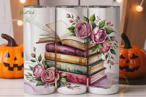 Vintage Books and Roses Tumbler Wrap Sublimation PixelChick 