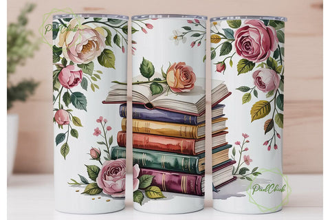 Vintage Books and Roses Tumbler Wrap Sublimation PixelChick 