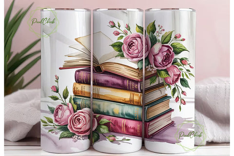 Vintage Books and Roses Tumbler Wrap Sublimation PixelChick 