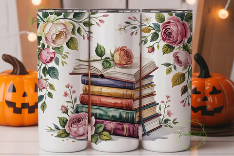 Vintage Books and Roses Tumbler Wrap Sublimation PixelChick 