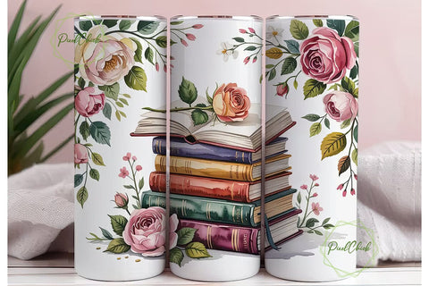 Vintage Books and Roses Tumbler Wrap Sublimation PixelChick 