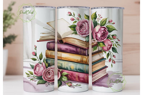 Vintage Books and Roses Tumbler Wrap Sublimation PixelChick 