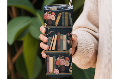 Vintage Books & Flowers 20oz Tumbler Sublimation DesignSVG 