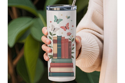 Vintage Books & Flowers 20oz Tumbler Sublimation DesignSVG 