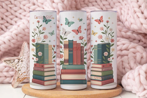 Vintage Books & Flowers 20oz Tumbler Sublimation DesignSVG 