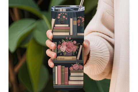 Vintage Books & Flowers 20oz Tumbler Sublimation DesignSVG 