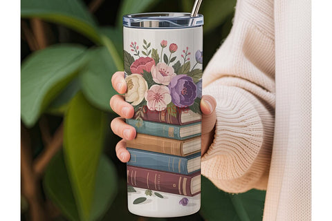 Vintage Books & Flowers 20oz Tumbler Sublimation DesignSVG 