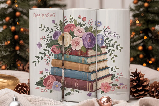 Vintage Books & Flowers 20oz Tumbler Sublimation DesignSVG 