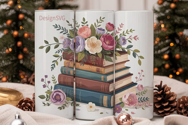 Vintage Books & Flowers 20oz Tumbler Sublimation DesignSVG 