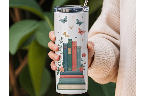 Vintage Books & Flowers 20oz Tumbler Sublimation DesignSVG 