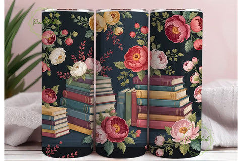 Vintage Books & Flowers 20oz Tumbler Sublimation PixelChick 