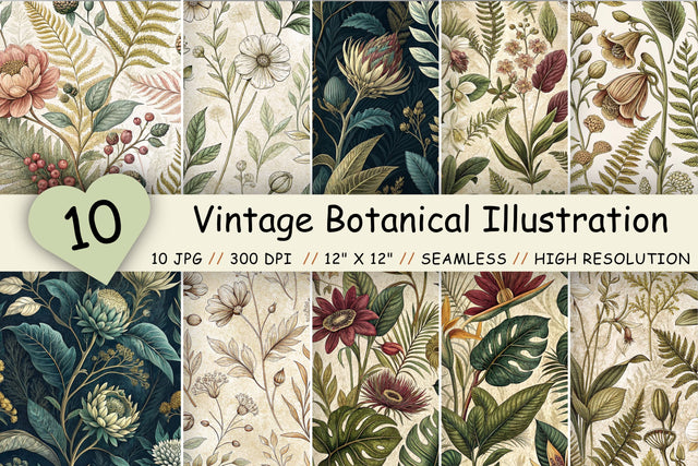 Vintage Botanical Illustration Paper, Seamless Digital Paper Pack, Printable Scrapbook Paper, Antique Floral Design Botanical Bundle Digital Pattern FloridPrintables 