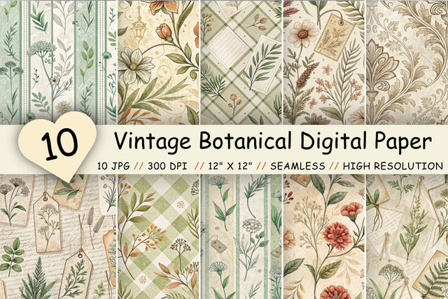 Vintage Botanical Tags Digital Paper Pack, Floral Seamless Designs, Junk Journal & Printable Crafts Digital Pattern FloridPrintables 