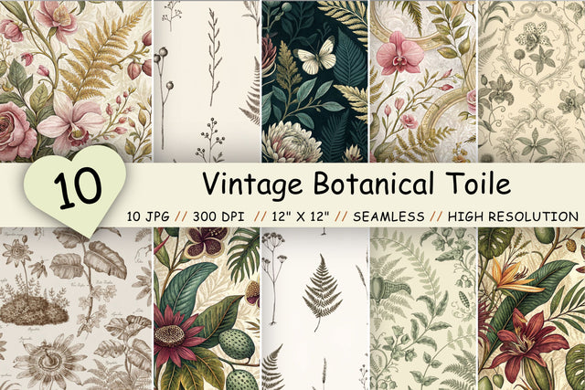 Vintage Botanical Toile Digital Paper, Seamless Antique Floral Pattern Bundle, Printable Scrapbook Paper, Victorian Design Botanical Bundle Digital Pattern FloridPrintables 