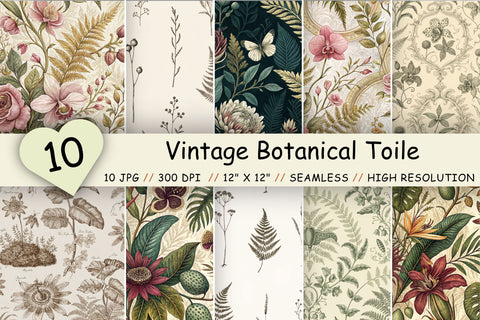 Vintage Botanical Toile Digital Paper, Seamless Antique Floral Pattern Bundle, Printable Scrapbook Paper, Victorian Design Botanical Bundle Digital Pattern FloridPrintables 