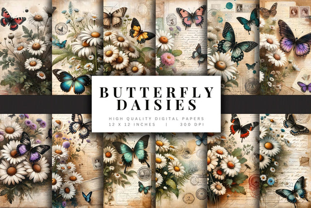 Vintage Butterfly Daisies Digital Paper Pack Digital Pattern BijouBay 