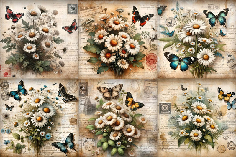 Vintage Butterfly Daisies Digital Paper Pack - So Fontsy
