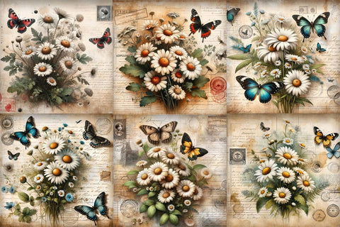 Vintage Butterfly Daisies Digital Paper Pack Digital Pattern BijouBay 