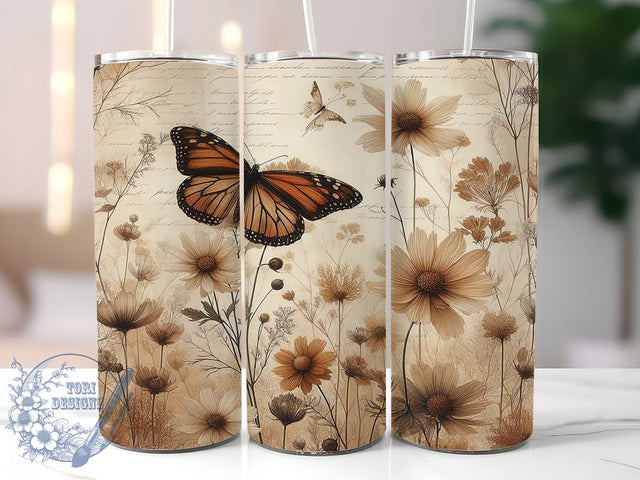 Vintage Butterfly Garden Floral Tumbler, Vintage Floral Tumbler, Collage Flower Wrap, Artistic Butterfly Wrap, Whimsical Garden Wrap, Sublimation Design, Trendy Gift Idea Sublimation ToriDesigns 