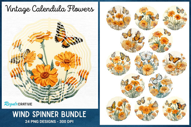 Vintage Calendula Flowers Wind Spinner Bundle Sublimation Regulrcrative 