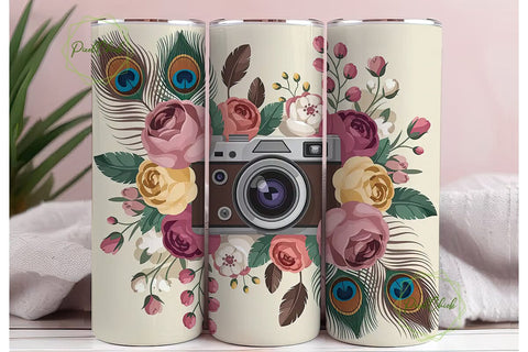 Vintage Camera & Feathers 20oz Tumbler Sublimation PixelChick 