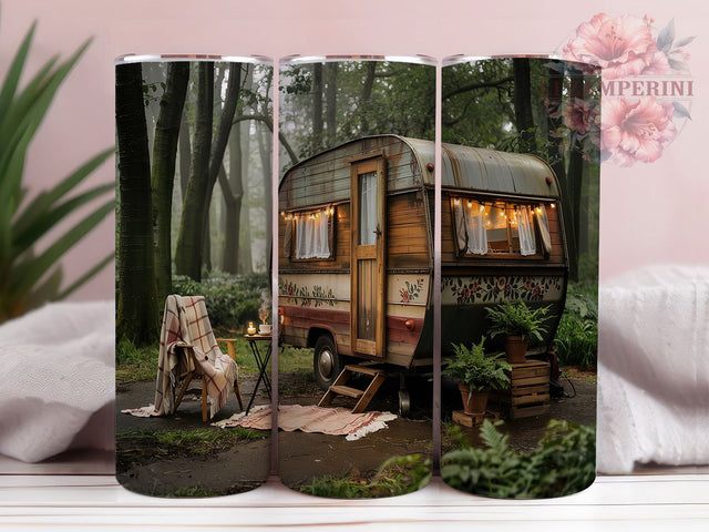 Vintage Camper Forest Adventure Tumbler, Forest Camping Wrap, 20oz Sublimation Wrap, Retro RV Cup, Outdoor Adventure Design, Rustic Camper Art, Nature Travel Tumbler Sublimation Li Zamperini 